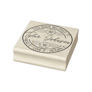 Book library bookplate Custom floral wreath daisy Rubber Stamp