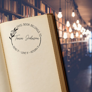 Book library bookplate Custom floral wreath modern Self-inking Stamp
