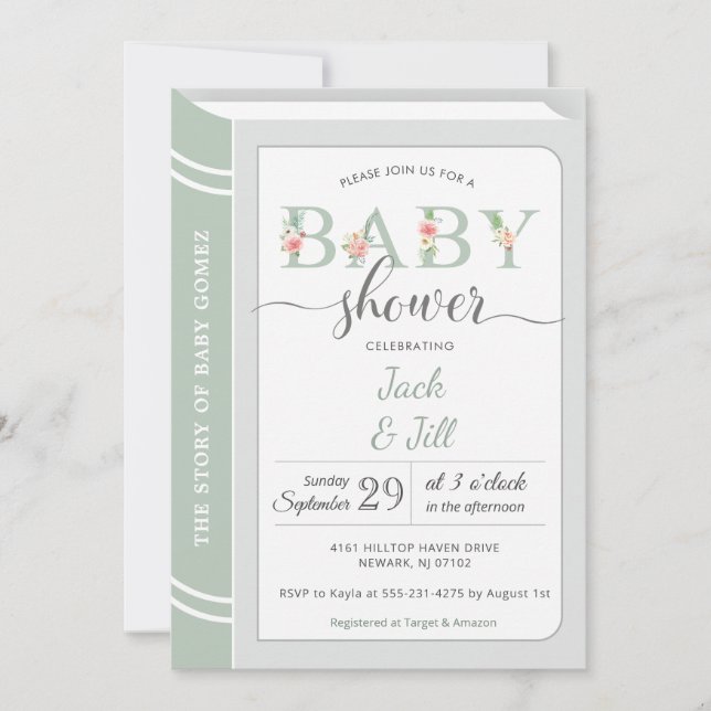 Book Library Sage Green Gender Neutral Baby Shower Invitation (Front)