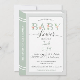 Book Library Sage Green Gender Neutral Baby Shower Invitation