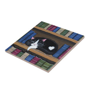 Book Love   Cat Sleeping on Bookcase Tile