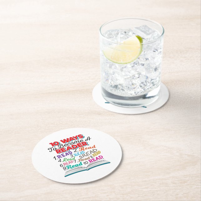Book Lover 10 Ways to Become a Reader Round Paper Coaster (Insitu)