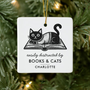 Book Lover Black Cat Funny Saying Custom Ceramic Ornament