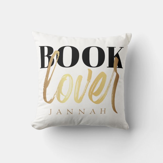 Book Lover Black Gold Script Book Nerd Name Cushion (Front)