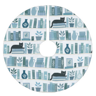 Book lover blue Bookshelf & Cat Brushed Polyester Tree Skirt