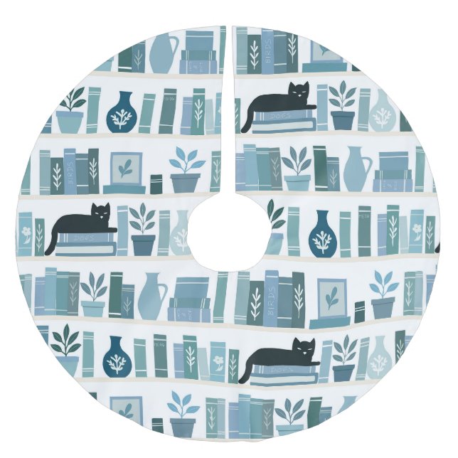 Book lover blue Bookshelf & Cat Brushed Polyester Tree Skirt (Front)
