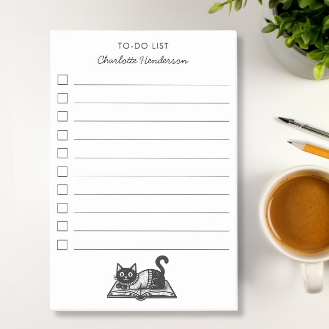 Book Lover Cat Black and White Custom Script To-Do Post-it Notes (Creator Uploaded)