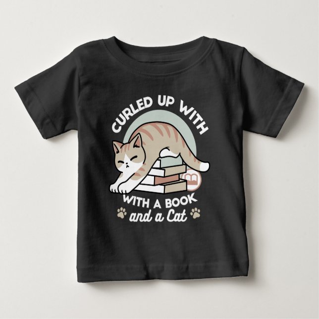 Book Lover Cat Illustration - Curled Up & Cosy Baby T-Shirt (Front)