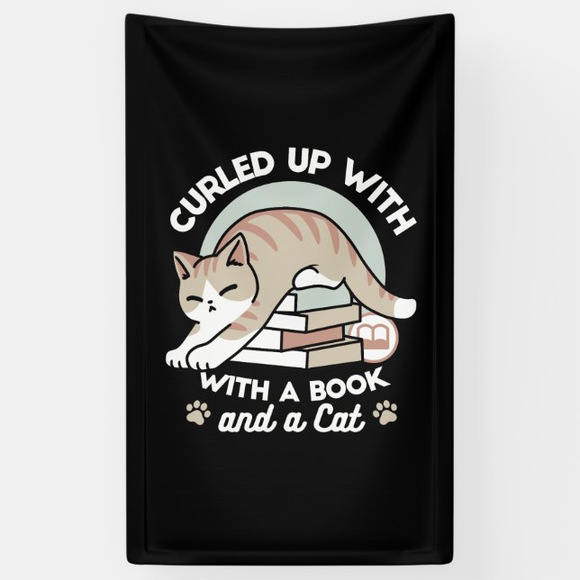 Book Lover Cat Illustration - Curled Up & Cosy Banner (Vertical)