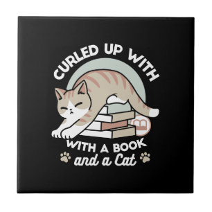 Book Lover Cat Illustration - Curled Up & Cosy Ceramic Tile