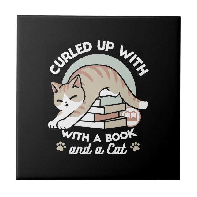 Book Lover Cat Illustration - Curled Up & Cosy Ceramic Tile (Front)