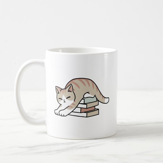 Book Lover Cat Illustration - Curled Up & Cosy Coffee Mug (Left)