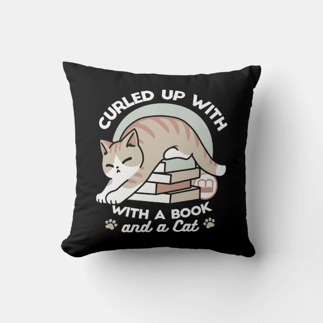 Book Lover Cat Illustration - Curled Up & Cosy Cushion (Front)