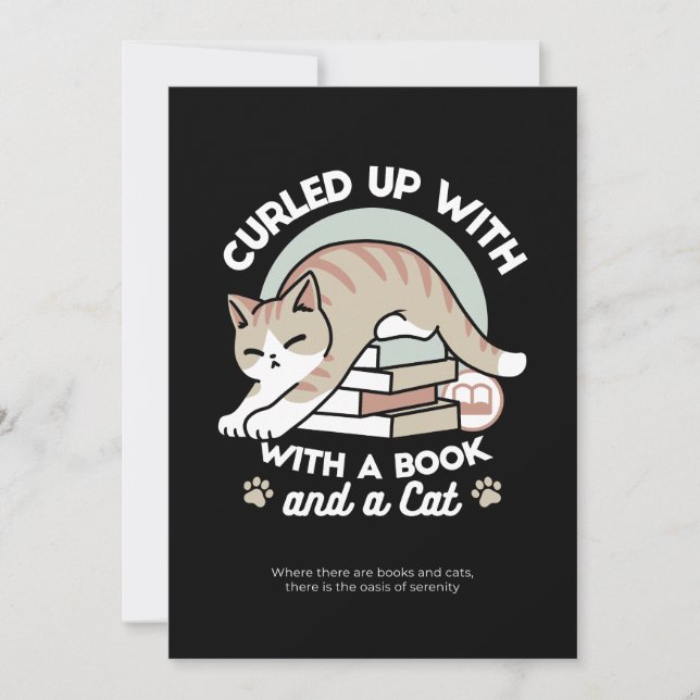Book Lover Cat Illustration - Curled Up & Cosy Holiday Card (Front)