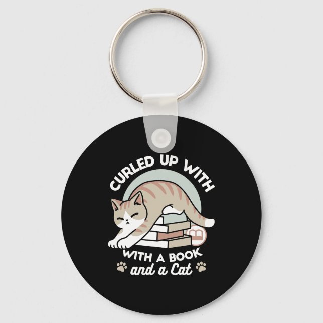 Book Lover Cat Illustration - Curled Up & Cosy Key Ring (Front)