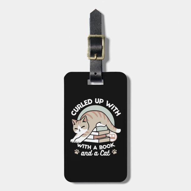 Book Lover Cat Illustration - Curled Up & Cosy Luggage Tag (Front Vertical)