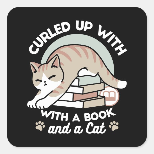 Book Lover Cat Illustration - Curled Up & Cosy Square Sticker (Front)