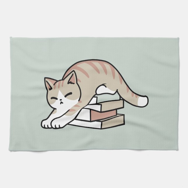 Book Lover Cat Illustration - Curled Up & Cosy Tea Towel (Horizontal)