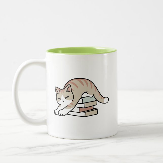 Book Lover Cat Illustration - Curled Up & Cosy Two-Tone Coffee Mug (Left)
