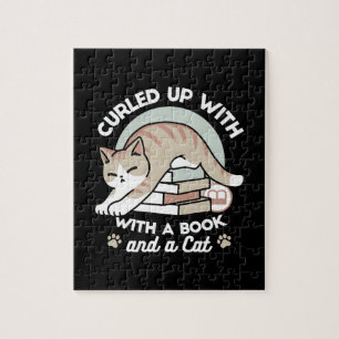 Book Lover Cat Illustration - Curled Up & Cozy Jigsaw Puzzle