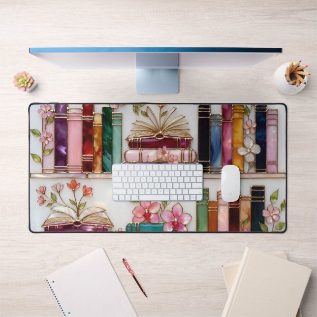 Book Lover Desk Mat | Floral Bookshelf Mouse Pad (Office 1)