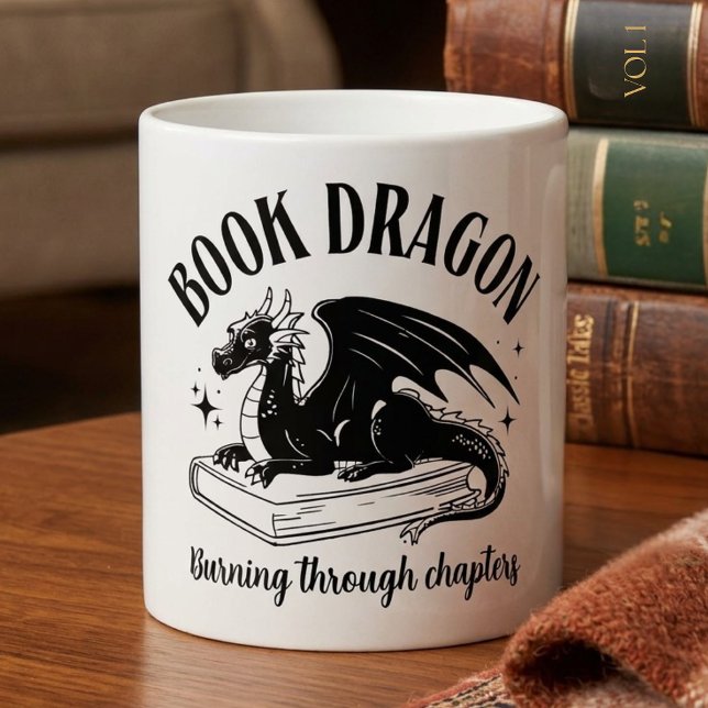 Book Lover Dragon Fantasy Reader Black and White Coffee Mug (Creator Uploaded)