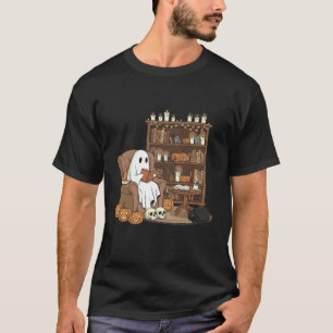 Book Lover Ghost Cosy Reading Library Black Cat Ha T-Shirt