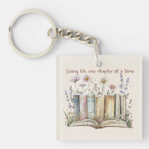 Book Lover Gift with Floral and Book Stack Design Key Ring