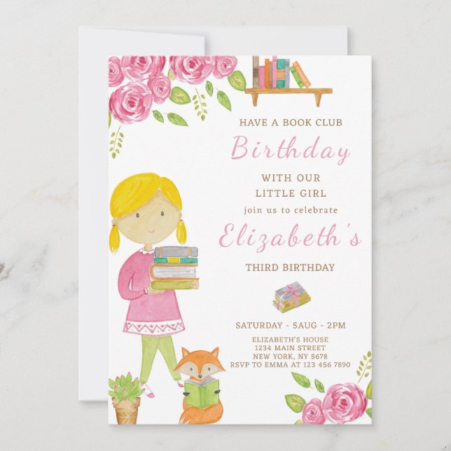 Book Lover Girl Birthday Invitation (Front)