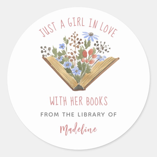 Book Lover Open Book Flowers Library Bookplate Classic Round Sticker (Front)
