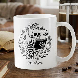 Book Lover Reading Skeleton Black and White Coffee Mug