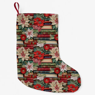 Book Lover Red White Poinsettia Floral Christmas Small Christmas Stocking