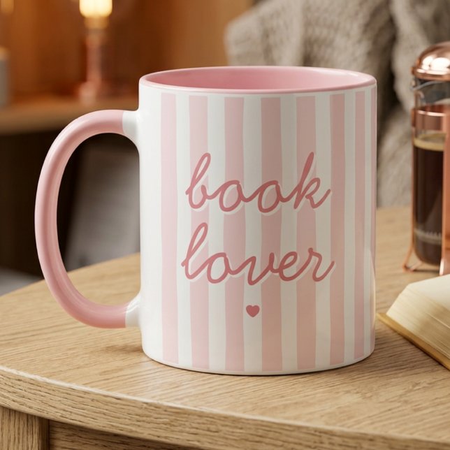 Book Lover Script Quote Pink Striped Heart Coffee  Mug (Creator Uploaded)
