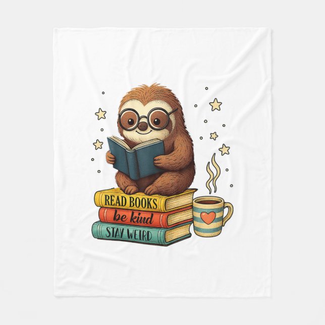 Book Lover Sloth Reading Bookish Library Read Book Fleece Blanket (Front)