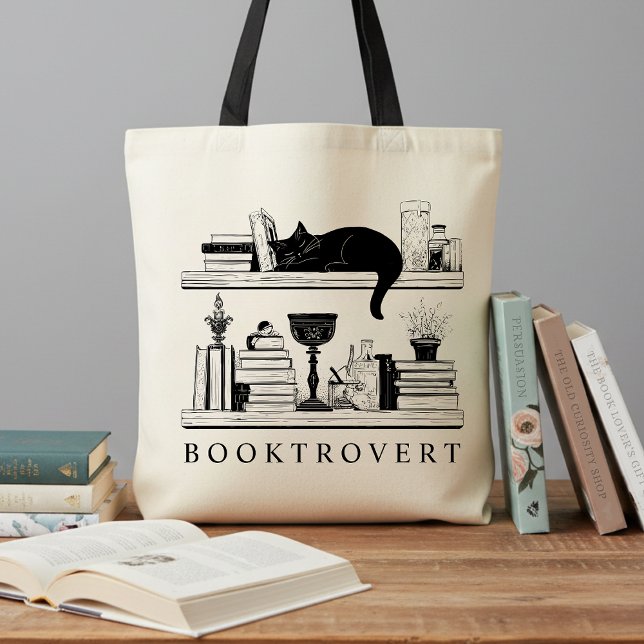 Book Lover's Booktrovert Black Cat Tote Bag (Creator Uploaded)