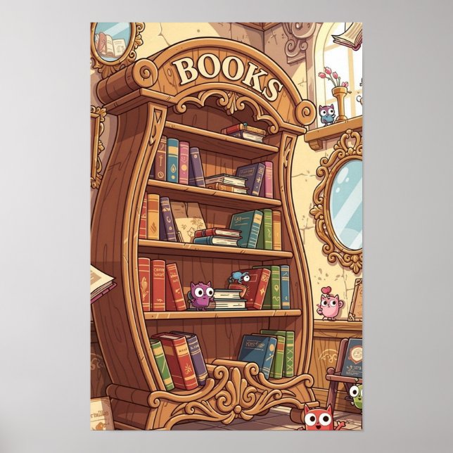 Book Lovers Cute Cartoon Bookshelf with Critters Poster (Front)