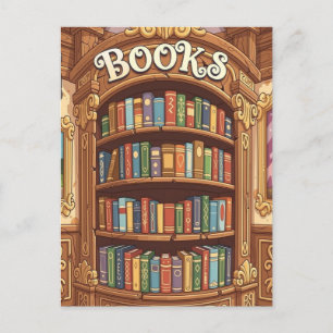 Book Lovers Cute Colourful Cartoon Bookshelf Postcard
