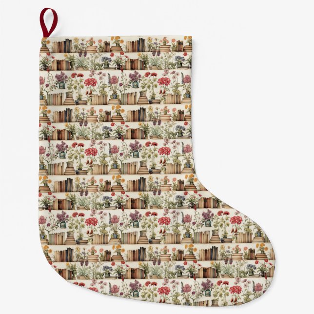 Book Lovers Floral & Botanical Bookshelf Large Christmas Stocking (Front)