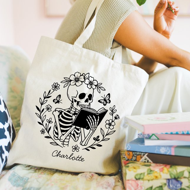 Book Lover's Funny Reading Skeleton Personalised Tote Bag (Creator Uploaded)