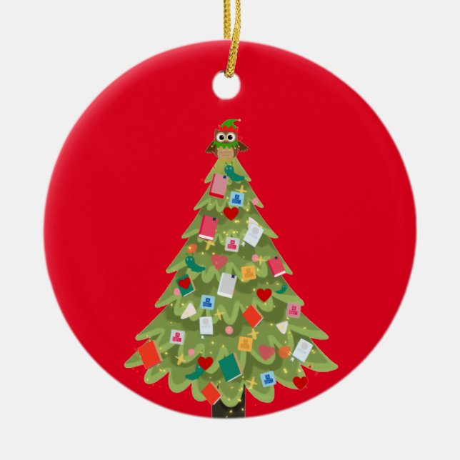 Book lovers happy dream Christmas tree fun  Ceramic Ornament (Front)
