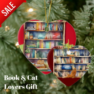 Book Lovers Heart Ornament Cats Library