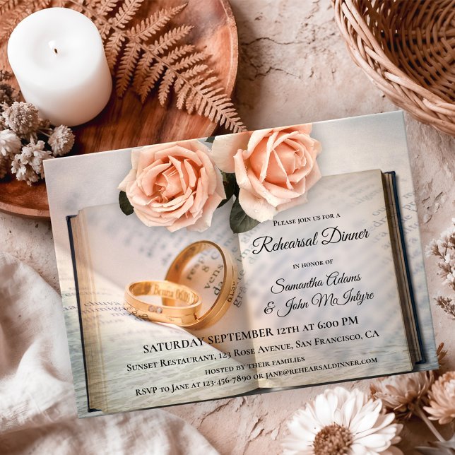 Book Lovers Roses Rehearsal Dinner Invitation (Rehearsal Dinner invitation with a book theme featuring roses and wedding rings on a book )