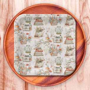 Book Mushroom Floral Whimsical Cottagecore pattern Paper Plate