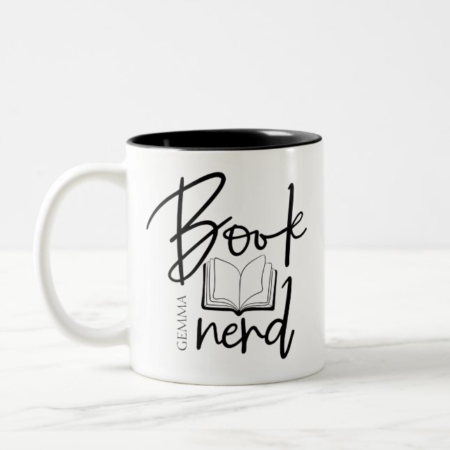 Book Nerd Black Script Funny Book Lover Name Two-Tone Coffee Mug (Left)