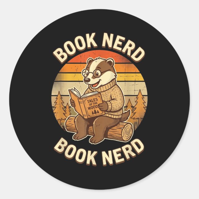 Book nerd funny reading badger retro sunset design classic round sticker (Front)