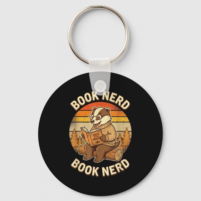 Book nerd funny reading badger retro sunset design key ring (Front)