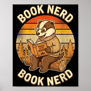 Book nerd funny reading badger retro sunset design poster