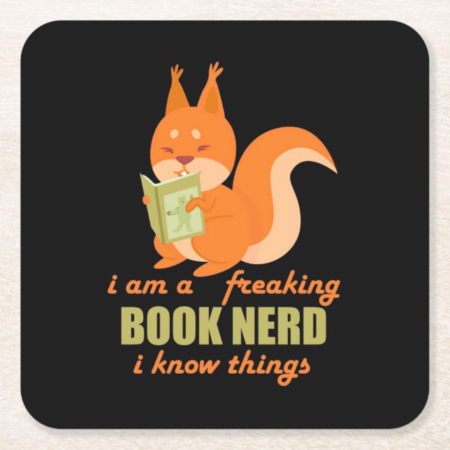 Book Nerd Squirrel Square Paper Coaster (Front)