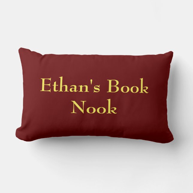 Book nook cushion, deep red & yellow, customisable lumbar cushion (Front)