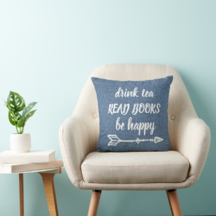 Book Nook Denim Blue Quote Throw Pillow